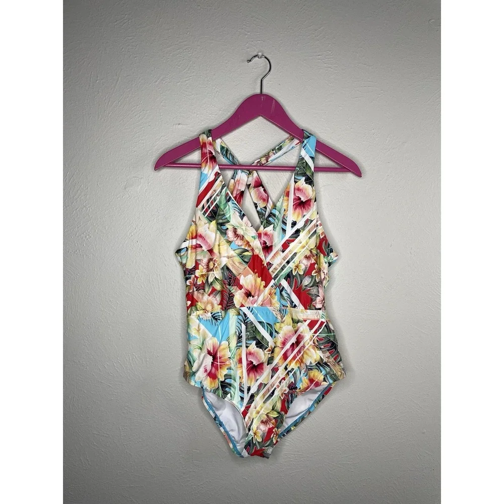 Jantzen One Piece Swimsuit Womens Size 8 Tropical Deep V Plunge Summer Cruise M